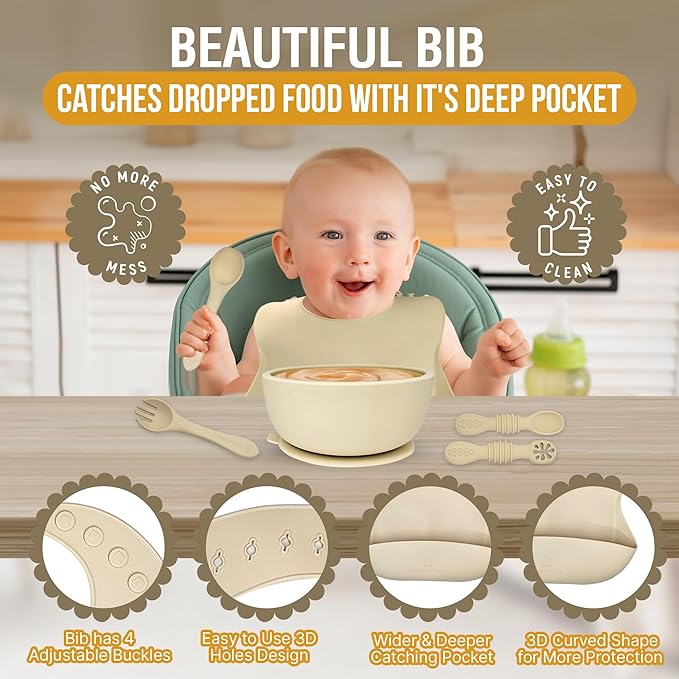HippoBaby 6 Piece Baby Bowls With Suction and Lids | Toddler Bowl Set with 1 Bowl, 1 Bib, 2 Baby Spoons, 1 Large Spoon, 1 Large Fork, Baby Feeding Essentials (1, Mint)