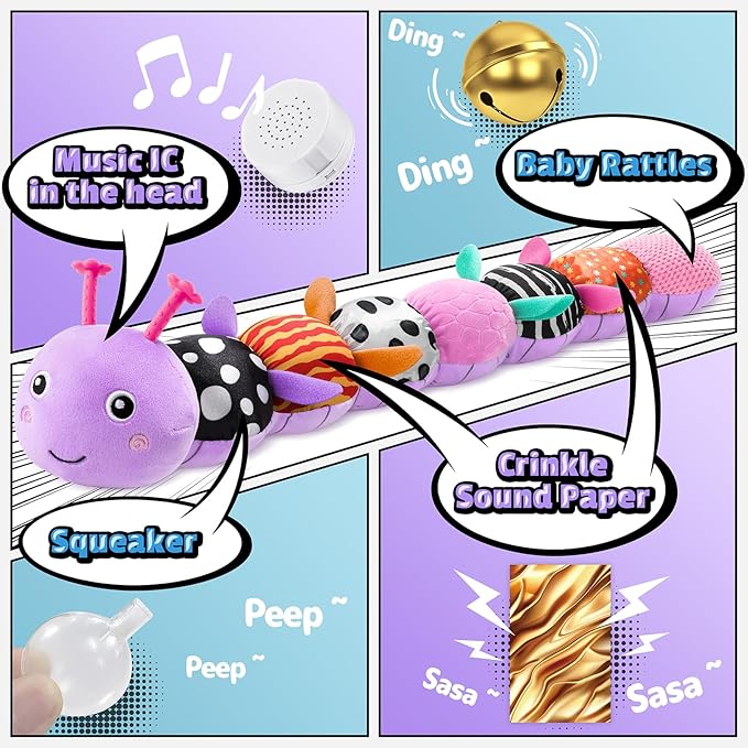 LIGHTDESIRE Baby Toys Musical Caterpillar,Infant Toys Stuffed Animals 3 6 12 Months Sensory Toy with Ruler Design,Crinkle&Ring Bell,Baby Teething Toy for Tummy Time Newborn Boy Girl Gifts (Purple)