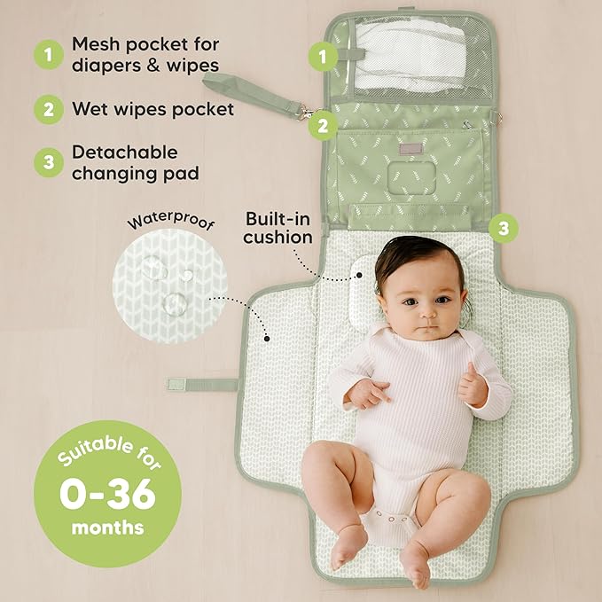 KeaBabies Portable Diaper Changing Pad - Large Waterproof Baby Changing Mat, Compact Travel Diaper Clutch, Functional Pockets Fit Newborn Essentials, Wipeable & Padded Baby Changer (Acacia)