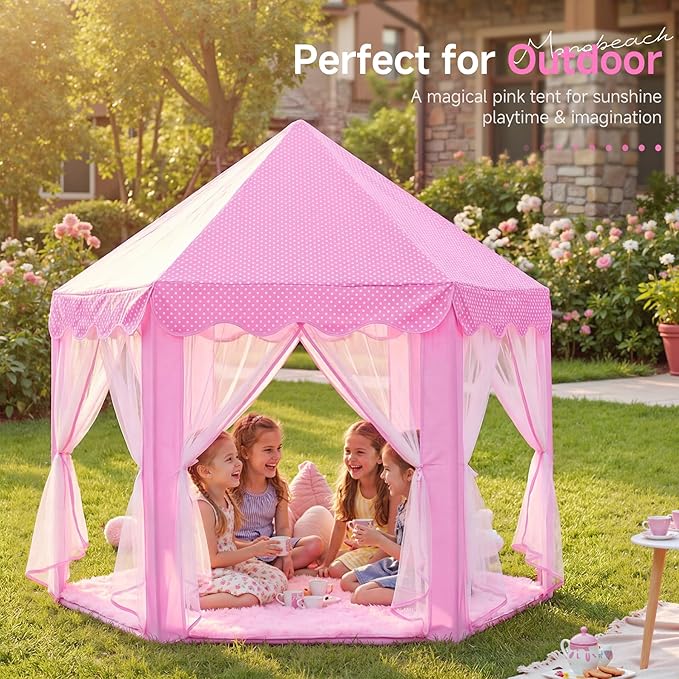 Monobeach Princess Tent Girls Large Playhouse Kids Castle Play Tent with Star Lights Toy for Children Indoor and Outdoor Games, 55'' x 53'' (DxH) (Pink Princess with Play Mat)