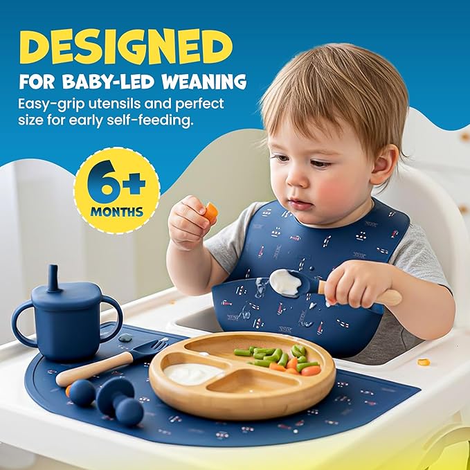Bamboo & Silicone Baby Feeding Set 8 PCS | Baby Led Weaning Supplies Self Feeding | Divided Suction Plate Bowl Bib Sippy Cup with Straw Utensils Baby Bowls and Spoons Toddler Feeding (Midnight Blue)