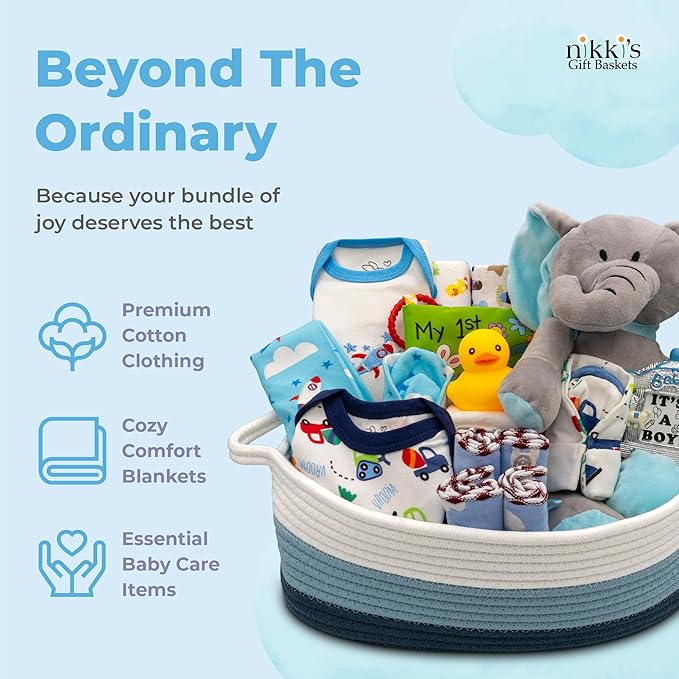 Bundle of Joy Deluxe New Baby Gift Basket | Newborn Baby Boy Gift Set with Baby Essentials | Baby Gift Basket for Expecting Moms | Baby Layette Set | Blue Baby Gift Set | Nikki's Gift Baskets
