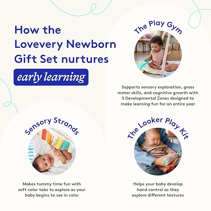 LOVEVERY, The Newborn Gift Set, Play Gym with Sensory Strands and Looker Play Kit, Baby Development Essentials, Ages 0+