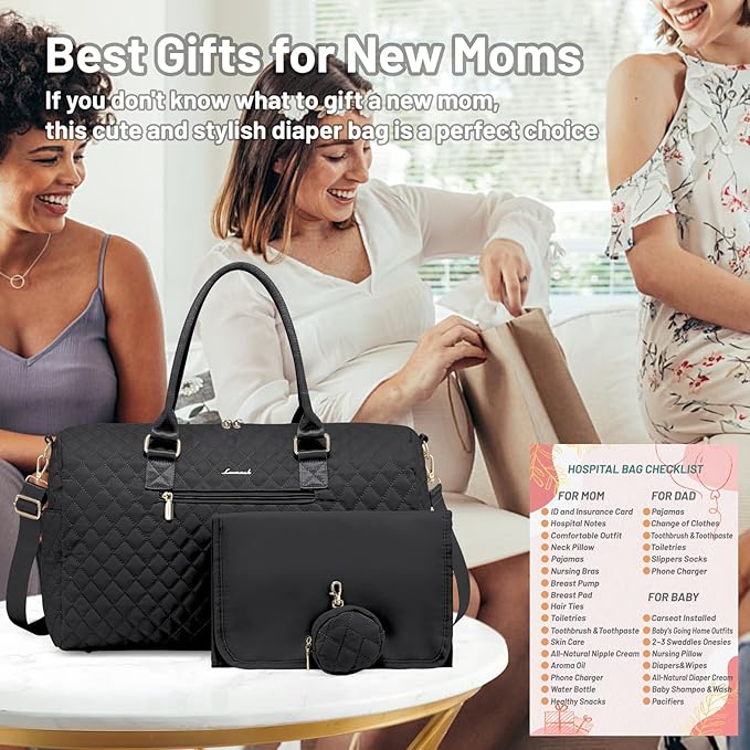LOVEVOOK Diaper Bag Tote with Pacifier Case and Changing Pad, Large Capacity Mommy Bag for Hospital and Weekender Travel, Functional Baby Bag Newborn Baby Essential, Black