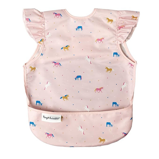 Tiny Twinkle Mess Proof Baby Bib for Girls | Waterproof Toddler Bib for Eating | Baby Apron for Feeding | Machine Washable | Perfect Shower Gift (Unicorn Confetti, 2-4Y)