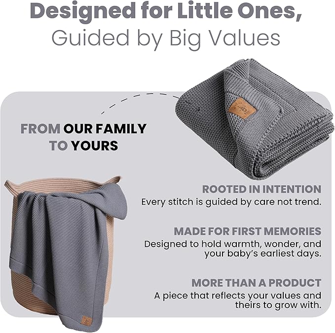 Little Dedi 100% Organic Cotton GOTS Certified Baby Knitted Blanket with Gift Box - Soft Toddler, Crib, Stroller Blanket - Neutral Swaddle and Receiving Blanket for Newborns, 30"x40", Dark Grey