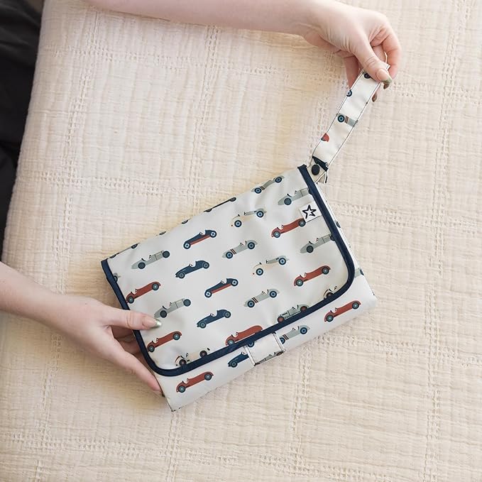 Tiny Twinkle Portable Diaper Changing Pad | Waterproof, Wipeable & Compact Baby Changing Pad for Travel | Smart Wipes Pocket & Organized Storage| Newborn Shower Gift (Vintage Cars)