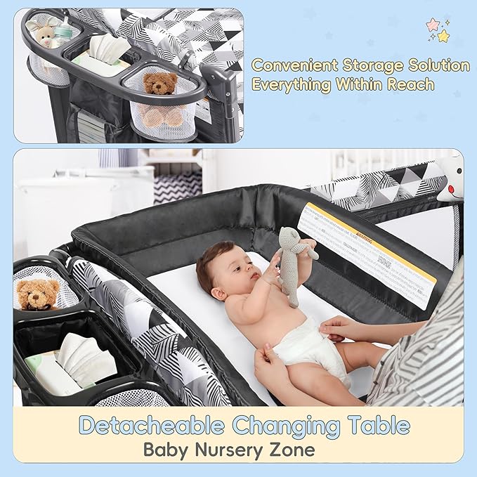 Xilingol 5-in-1 Pack and Play with Changing Table, Baby Bassinet Bedside Sleeper with Storage Bag & Music Box, Portable Baby Crib with Carry Bag, Foldable Playard with Bassinet for Newborn to Toddlers