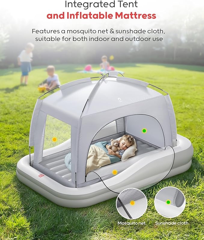 QPAU Inflatable Toddler Travel Bed with Tent, Portable Kids Air Mattress with Safety Sides, Ideal for Home, Grandma's, Camping, Traveling -Includes Fast Electric Pump