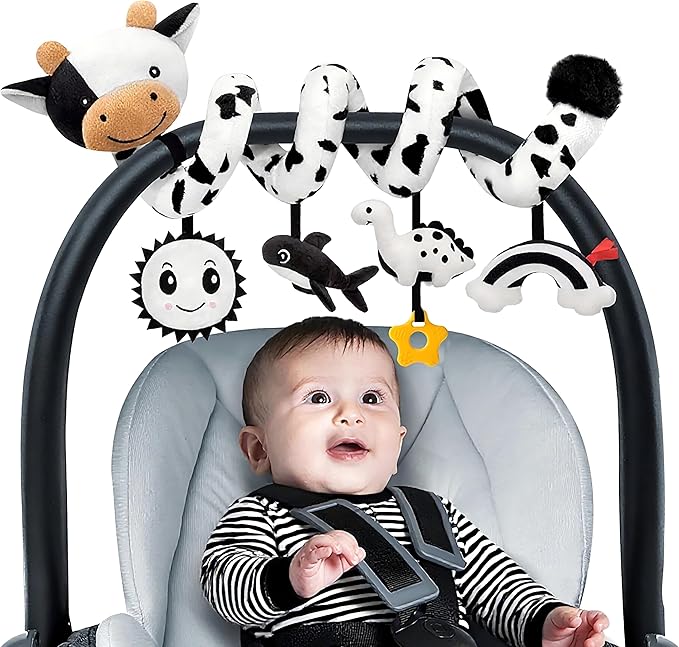 Spiral Car Seat Baby Toys 0-6 Months, Infant Carseat High Contrast Sensory Toys Hanging Stroller Accessories, Newborn Shower Gifts for Baby Boys Essentials Stuff, Cute Black and White Cow