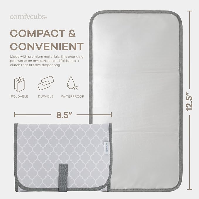 Comfy Cubs Baby Changing Pad Compact Size - Waterproof Diaper Changing Mat with Cushioned Pillow - Soft & Lightweight, Foldable Design for Travel - Stylish Design for Boys and Girls - Grey Pattern