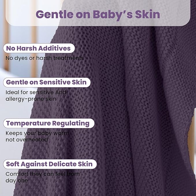 Little Dedi 100% Organic Cotton Baby Knitted Blanket with Gift Box - Soft Toddler, Crib, Stroller Blanket - Neutral Swaddle and Receiving Blanket for Newborns, 30"x40", Sweet Grape