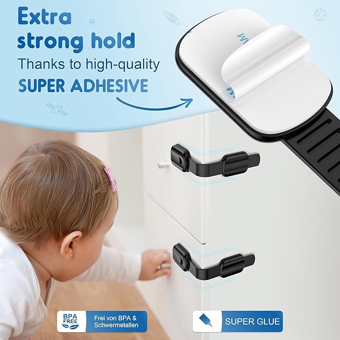 10 Pack Cabinet Locks Baby Proofing, SOGUDE Child Proof Cabinet Locks with 3M Adhesive Child Safety Locks for Refrigerator, Doors, Drawer Locks No Drilling, Cabinet Locks for Babies- Black