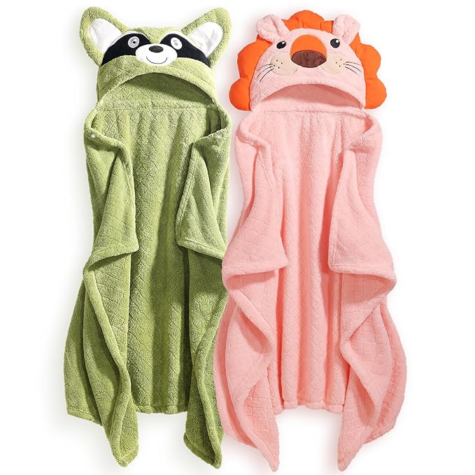 WODHOY 2-Pack Animal Hooded Bath Towels for Babies & Kids 0-6 Years, 50x32 Inch Ultra Soft Coral Fleece Baby Towel Set, Super Absorbent, Bath Time Essentials with Cute Animal Ears, Gift Ready