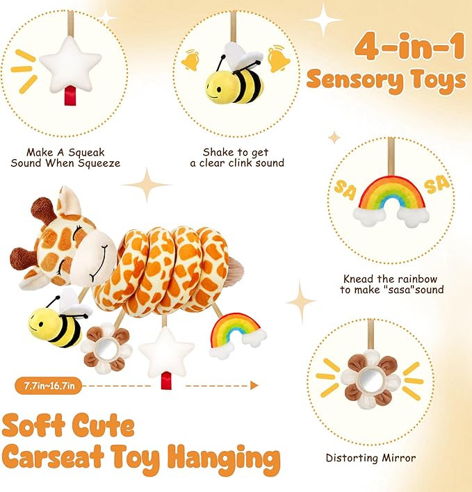 Stuffed Spiral Car Seat Baby Toys 0-6 Months, Infant Giraffe Sensory Toys Hanging Stroller Accessories, Newborn Shower Gifts for Baby Boys Girls Essentials | Cute Colorful Giraffe