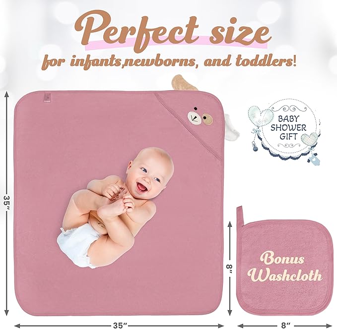 Baby Hooded Towel, Soft & Absorbent Viscose Derived from Bamboo, Extra Large 35 x 35 Inches, Bath Towel for Newborns, Infants & Toddlers, Mauve Rose
