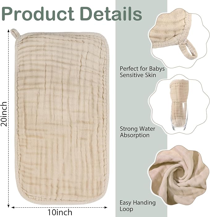 VitalCozy 6 Pcs Baby Muslin Hooded Bath Towels and Washcloths, 32 x 32 Inch Muslin Cotton Hooded Baby Towels Absorbent Hooded Blankets for Gift Newborn Infant Shower (Beige,Green)