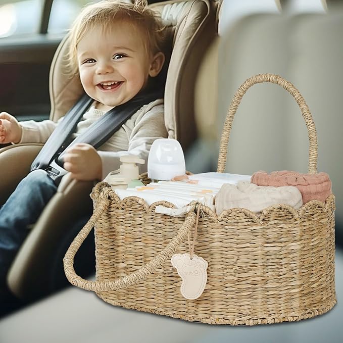 YANGQIHOME Diaper Caddy Organizer, Seagrass Nursery Baby Basket for Baby Essentials, Scalloped Wicker Diaper Caddy, Baby Shower Gifts (MeadowNest)