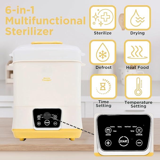 6-in-1 Electric Bottle Sterilizer and Dryer, Use as Baby Bottle Warmer, Defrost, Heat Food & Sanitizer Machine, Temperature & Time Setting up to 12 hours, Newborn Baby Essentials Sterilization Machine