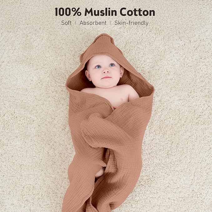 Susurration Hooded Baby Towels for Newborn 2 Pack 100% Muslin Cotton Towel for Babies，Highly Absorbent and Newborn Essential 30x30 Inch Cream&Brown