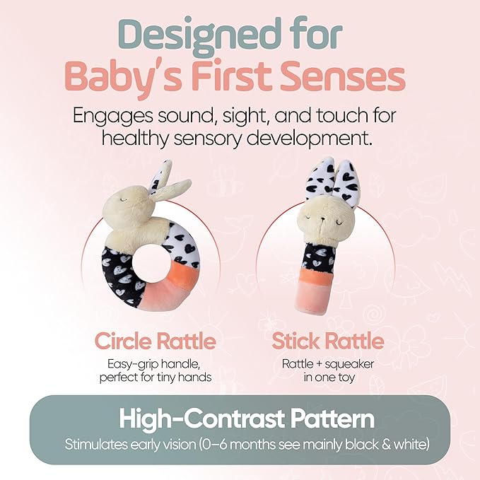 Bella Bunny Sensory Rattle Set – High Contrast Baby Toys for Newborns (0–6 Months), Soft Plush Bunny Rattle & Squeaker Gift Set for Tummy Time, Montessori & Soft Play Development