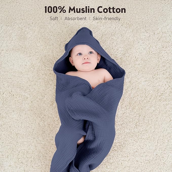 Susurration Hooded Baby Towels for Newborn 2 Pack 100% Muslin Cotton Towel for Babies，Highly Absorbent and Newborn Essential 30x30 Inch Gray&Blue