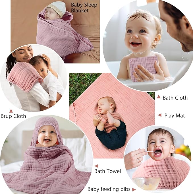 VitalCozy 6 Pcs Baby Muslin Hooded Bath Towels and Washcloths Muslin Cotton Hooded Baby Towels Absorbent Blankets for Gift Newborn Infant Shower (32 x 32 Inch,Pink,Rose)