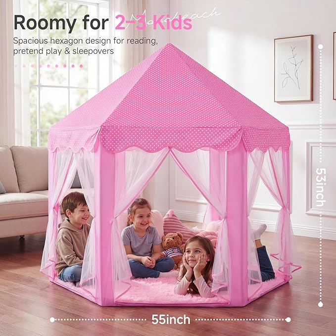 Monobeach Princess Tent Girls Large Playhouse Kids Castle Play Tent with Star Lights Toy for Children Indoor and Outdoor Games, 55'' x 53'' (DxH) (Pink Princess with Play Mat)