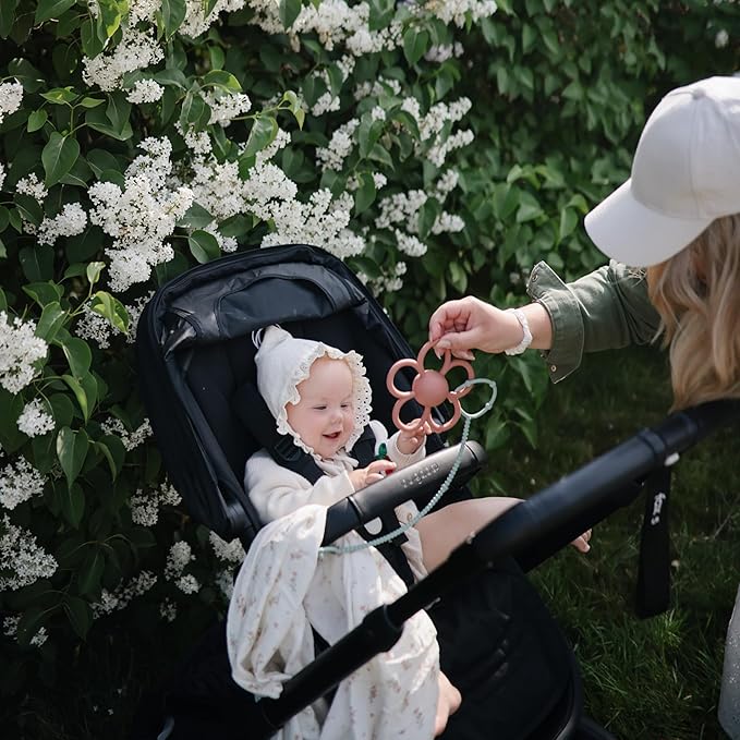 mushie Adjustable Silicone Toy Straps 2-Pack | Baby Accessories Holder for Travel, Stroller, High Chair (Cambridge Blue/Shifting Sand)