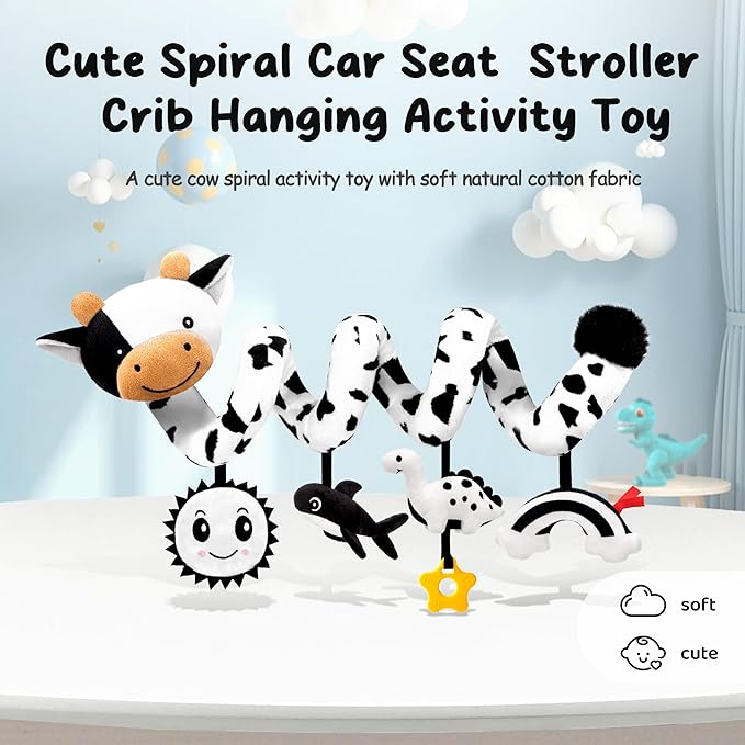 Spiral Car Seat Baby Toys 0-6 Months, Infant Carseat High Contrast Sensory Toys Hanging Stroller Accessories, Newborn Shower Gifts for Baby Boys Essentials Stuff, Cute Black and White Cow