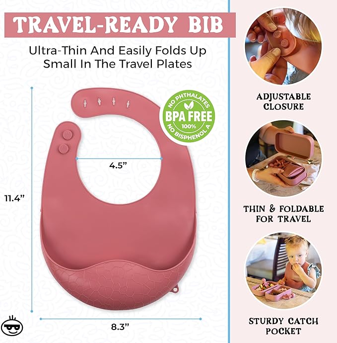 Travel Silicone Baby Feeding Set - Portable Toddler Plates with Suction, Soft Baby Spoon & Fork, Lightweight Foldable Silicone Bib & Waterproof Storage Bag – 6 Piece Set (dark pink)