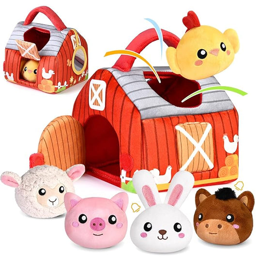 Baby Toys 0-6 6-12 Months, Plush Big Red Barn with Farm Animals, Soft Sensory Toys with Crinkle, Rattles for 0-3-6-9-12 Month Newborn Infant, Christmas Easter Birthday Gifts for Baby Boys Girls﻿