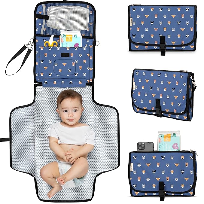 KeaBabies Portable Diaper Changing Pad - Large Waterproof Baby Changing Mat, Compact Travel Diaper Clutch, Functional Pockets Fit Newborn Essentials, Wipeable & Padded Baby Changer (Pets & Paws)