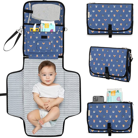 KeaBabies Portable Diaper Changing Pad - Large Waterproof Baby Changing Mat, Compact Travel Diaper Clutch, Functional Pockets Fit Newborn Essentials, Wipeable & Padded Baby Changer (Pets & Paws)
