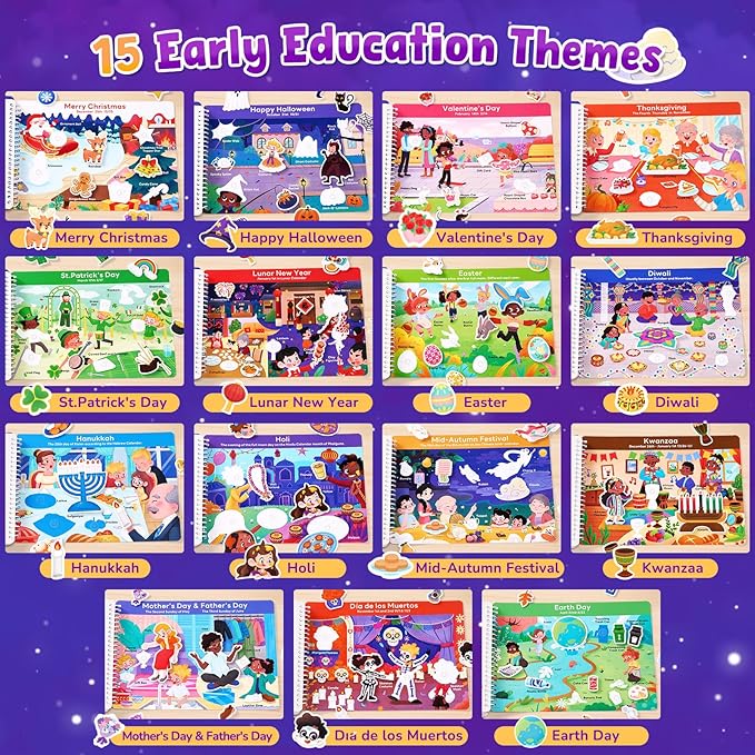 JoyCat Preschool Busy Book for Toddlers 3-5, Dual-Language Learning Activities, Educational Sensory Toys, Autism Learning Materials for Boys & Girls (Holidays)