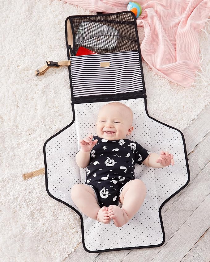 Skip Hop Pronto Signature Portable Changing Mat, Cushioned Diaper Changing Pad with Built-in Pillow, Black Stripe