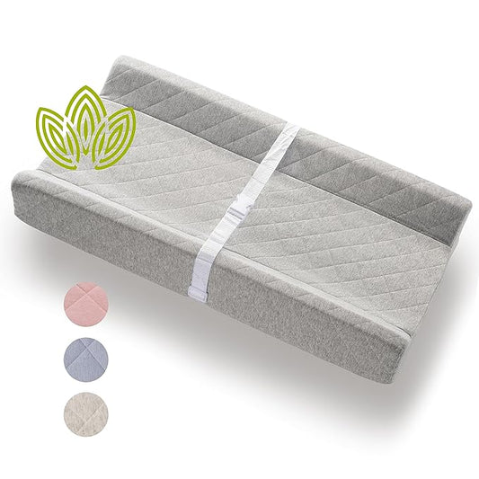 Organic Cotton Contoured Baby Changing Pad w/Waterproof Foam Mattress, Includes Soft, Removable & Washable Cover, Safety Strap, Non-Slip Bottom, Topper for Standard Size Infant Diaper Table & Dresser