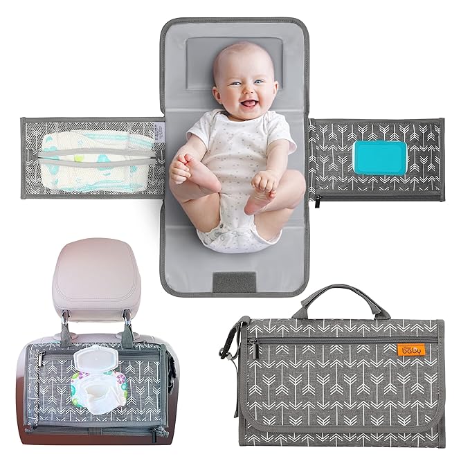 Kopi Baby Portable Diaper Changing Pad-Baby Diaper Changer Travel Bag with Wipes Pocket, Smart Design Portable Changing Mat, Infant Travel Station Kit,Gift for Newborn Girl & Boy-Grey Arrows, Modern