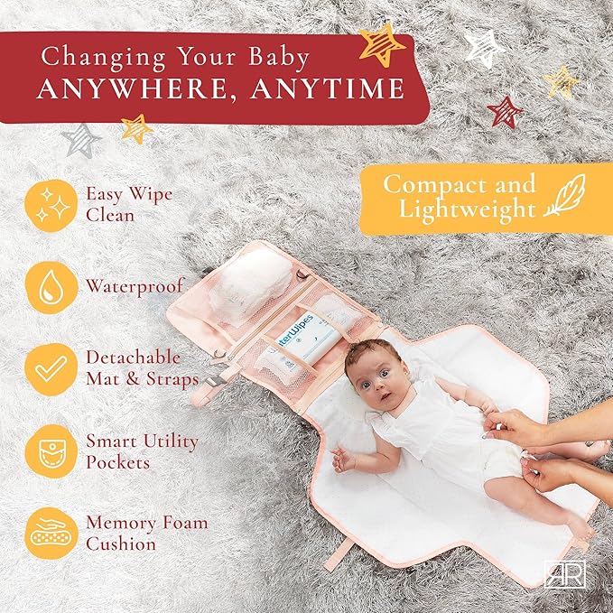 Premium Portable Diaper Changing Pad – CPC Certified Waterproof 2-in-1 Diaper Clutch & Changing Mat with Head Cushion – Bonus Insulated Bottle Bag – Travel Kit Gift for Baby Girls & Boys (Peach)