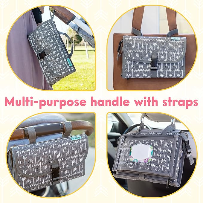 Kopi Baby Portable Diaper Changing Pad-Baby Diaper Changer Travel Bag with Wipes Pocket, Smart Design Portable Changing Mat, Infant Travel Station Kit, Gift for Newborn Girl & Boy-Grey Arrows, Classic