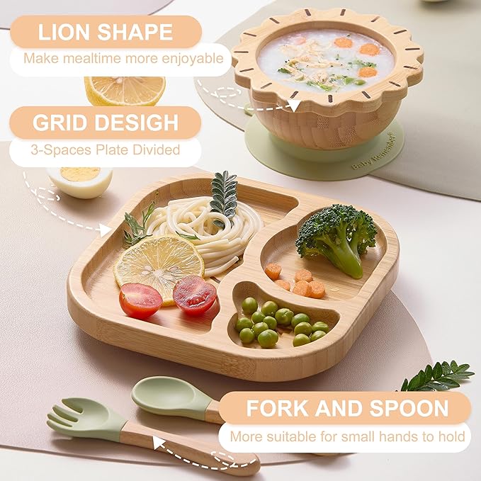 BABY REMEMBER Suction Plates Bowls Set for Baby Toddler Non-Toxic Bamboo Feeding Set with Silicone Fork & Spoon (Green Feeding Set)