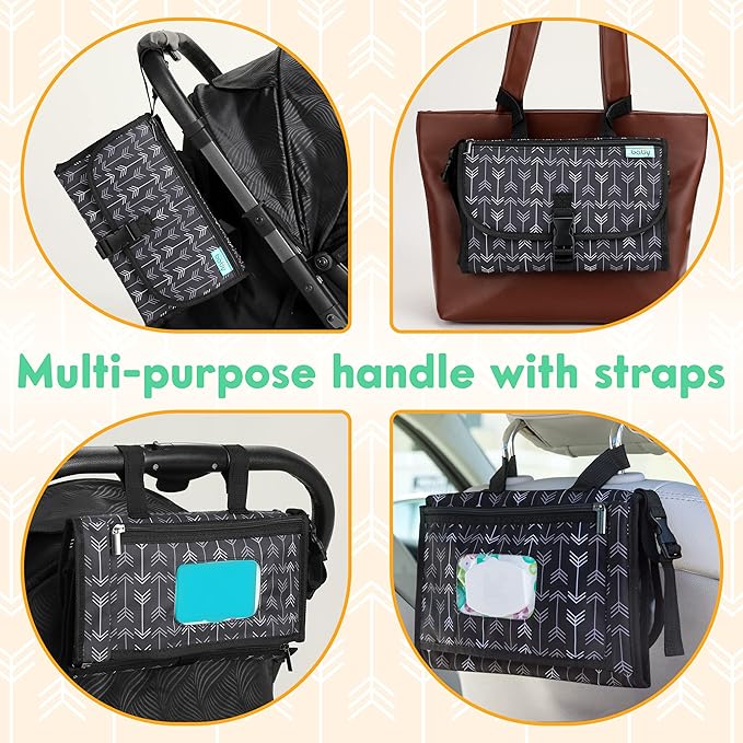 Kopi Baby Portable Diaper Changing Pad-Baby Diaper Changer Travel Bag with Wipes Pocket, Smart Design Portable Changing Mat, Infant Travel Station Kit, Gift for Newborn Girl & Boy-Black Arrows,Premium