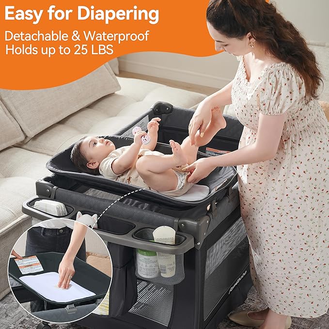 Pamo Babe One Step Setup 4-in-1 Playard for Babies Pack and Play - Portable Crib with Changing Table