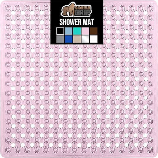 GORILLA GRIP Patented Square Shower Stall Mat, Small Bathtub Floor Mats for Stand Up Showers, Suction Cups and Drainage Holes, Machine Wash, Soft on Feet, Bathroom Accessories 21x21 Inch, Light Pink