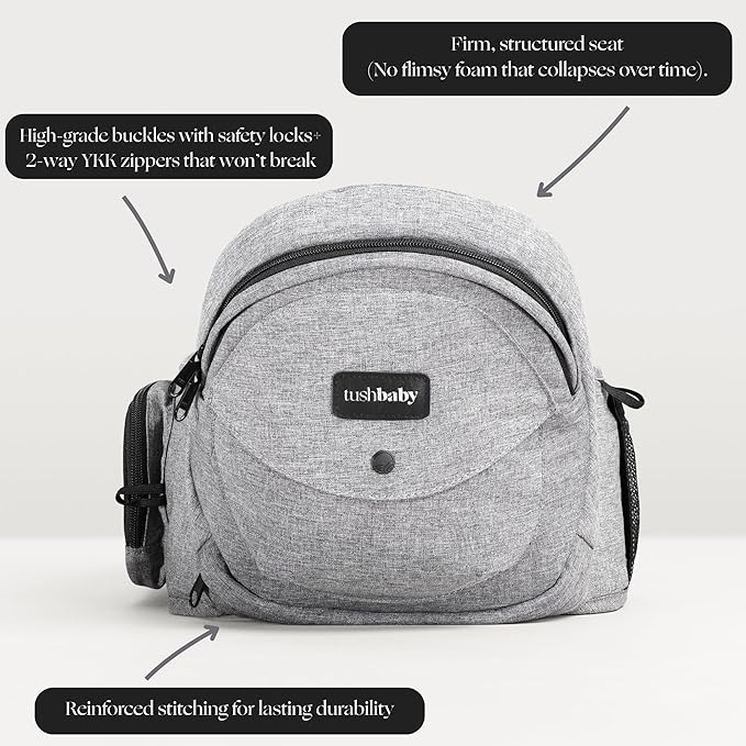 Tushbaby - Original Hip Carrier for Babies and Toddlers, Certified Safe, Lightweight Design, Built-in Storage, Nursing Support, No Foam Padding, (Grey)
