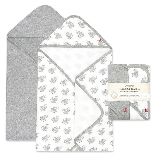 Zutano Hooded Baby Towels, Organic Cotton Baby Bath Towel, Ultra Soft and Absorbent Baby Towel for Newborn and Infant | Girl, Boy, and Unisex Towel Set, Elephant Bath Time, 2-Pack