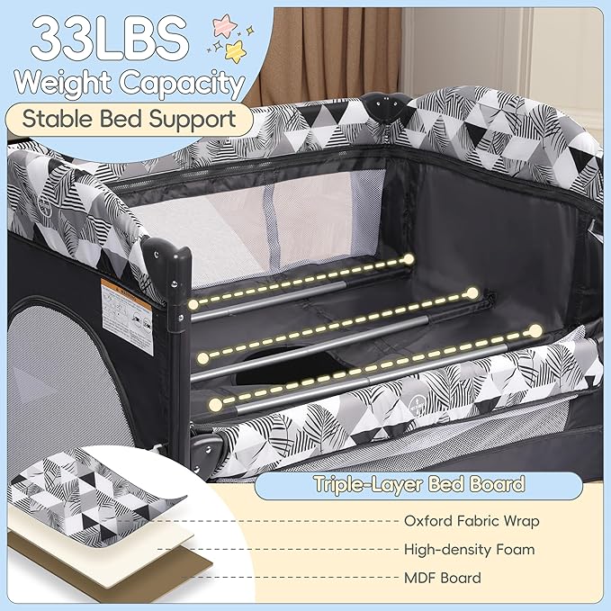 Xilingol 5-in-1 Pack and Play with Changing Table, Baby Bassinet Bedside Sleeper with Storage Bag & Music Box, Portable Baby Crib with Carry Bag, Foldable Playard with Bassinet for Newborn to Toddlers