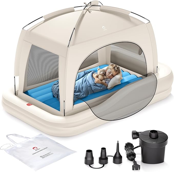 QPAU Inflatable Toddler Travel Bed with Tent, Portable Kids Air Mattress with Safety Sides, Ideal for Home, Grandma's, Camping, Traveling -Includes Fast Electric Pump