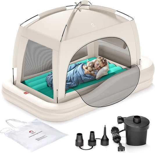 QPAU Inflatable Toddler Travel Bed with Tent, Portable Kids Air Mattress with Safety Sides, Ideal for Home, Grandma's, Camping, Traveling -Includes Fast Electric Pump