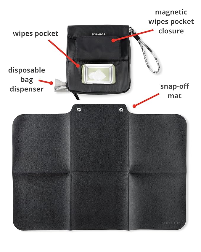 Skip Hop Travel Baby Changing Pad with Easy-Clean Surface, Covers Public Changing Stations, Wipes Pocket, Diaper Storage, Disposable Bag Dispenser and Magnetic Wipes Pocket, Clean Slate, Black